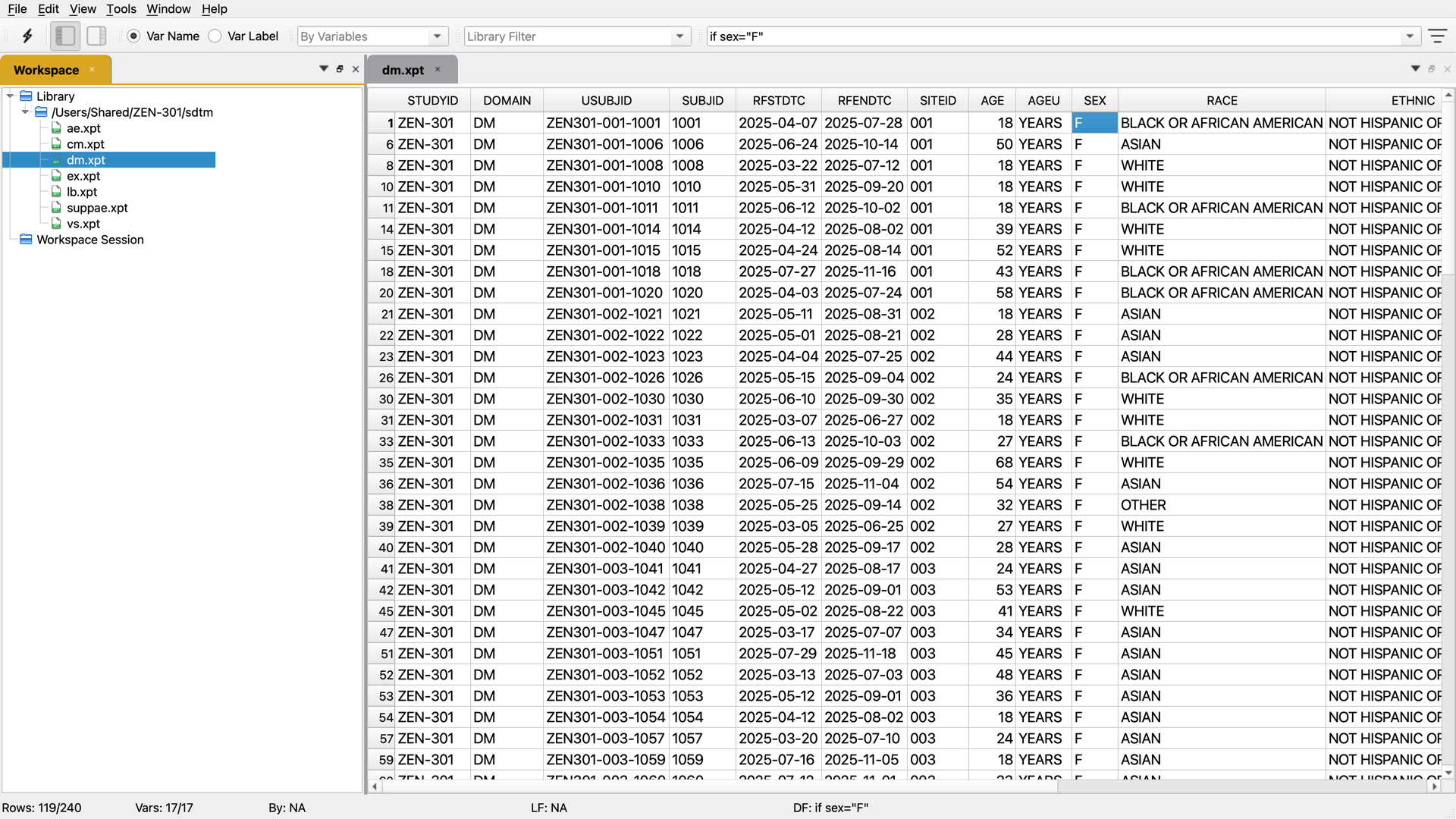 StatDataViewer with the sdtm folder open as a library, dm.xpt filtered to SEX = F after pressing D; the status bar shows Rows: 119/240 and DF: if sex="F"